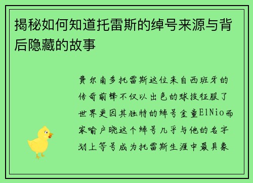 揭秘如何知道托雷斯的绰号来源与背后隐藏的故事
